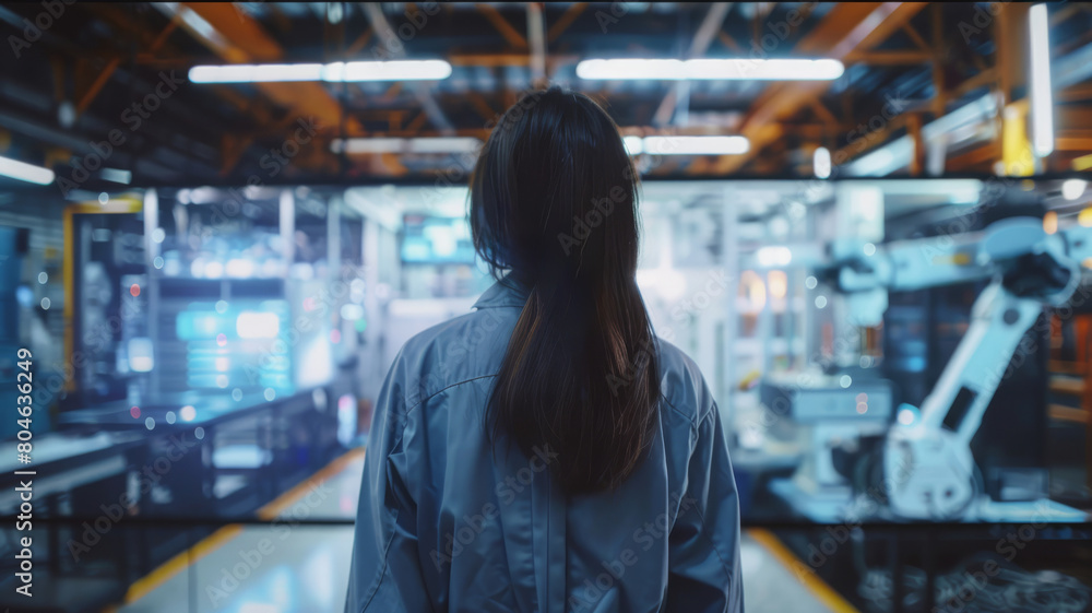 Female in coveralls with her back turned Standing at Electronics Factory. Augmented Reality Visualization of a Conveyor Belt Production Line with Robot Arms Female in coveralls with her back turned Standing at Electronics Factory. Augmented Reality Visualization of a Conveyor Belt Production Line with Robot Arms