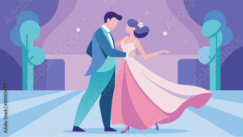 A romantic couple dancing in a soft pastelcolored ballroom the movement of their clothing depicted with flowing pastel strokes..