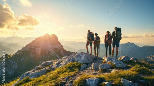 A group of friends on a hiking adventure, panoramic mountain views, capturing the spirit of friendship and exploration. Resplendent. photo