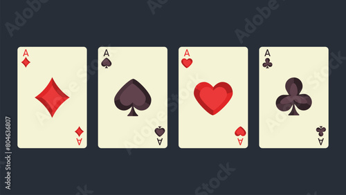 Flat vector illustration of ace card. Cards for casino. Card suits Hearts, Diamonds, Clubs, Spades.