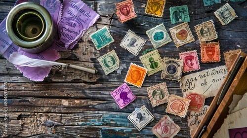 Antique Stamps Artfully Arranged on Old Wooden Table.