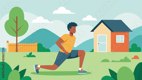 A man does a series of low impact cardio exercises in a tranquil backyard explaining the benefits of staying active while still being mindful of. Vector illustration