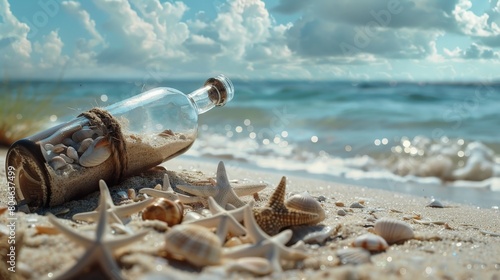 Message in a bottle on the beach with starfish and seashells photo