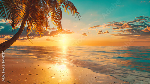 Sunrise at a Caribbean Beach  Palm Trees Silhouetted Against a Colorful Sky  Tranquil Morning Scene