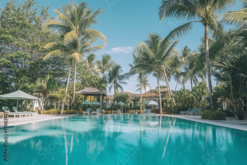 A serene swimming pool surrounded by comfortable loungers and towering palm trees. The crystal-clear water beckons on a hot summer day  offering a refreshing escape from the heat.
