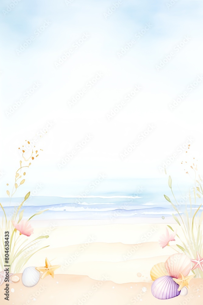 Aquarelle summer beach. Hand painted watercolor background with sand, ocean and seashells. Perfect for summer greeting cards, invitations, and more!