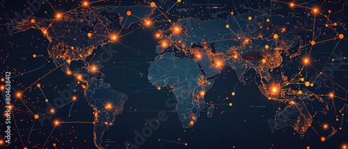 A digital map of the world with glowing orange dots representing major cities and connected by a network of lines.
