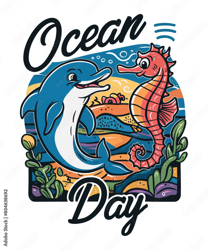 Fototapeta premium free vector World Ocean Day illustration hand lettering t-shirt design