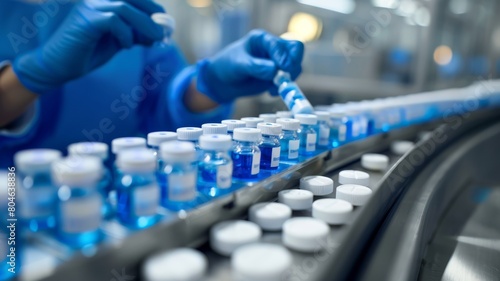 Pharmacist scientist with sanitary gloves examining medical vials on production line conveyor belt in pharmaceutical healthcare factory manufacturing prescription drugs