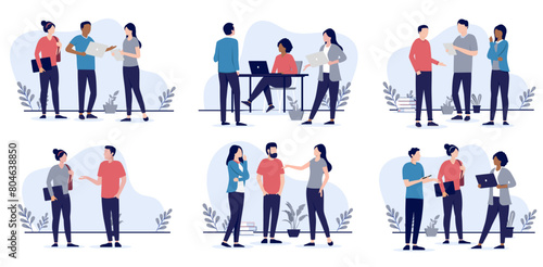 People working and talking together in office collection - Set of vector illustrations with groups of businesspeople communication and discussing at work. Flat design with white background © Knut