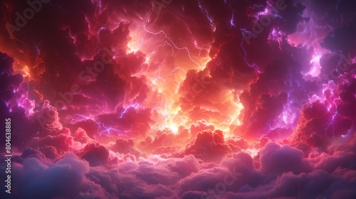 A stormy sky with multiple cloud-to-ground lightning strikes and bright colors.
