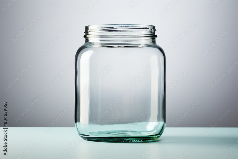 Transparent clear glass jam jar on a isolated light grey background, space for text. Transparent clear glass jam jar on a isolated light grey background, space for text.