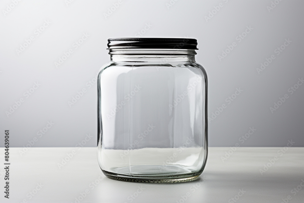 Transparent clear glass jam jar on a isolated light grey background, space for text. Transparent clear glass jam jar on a isolated light grey background, space for text.