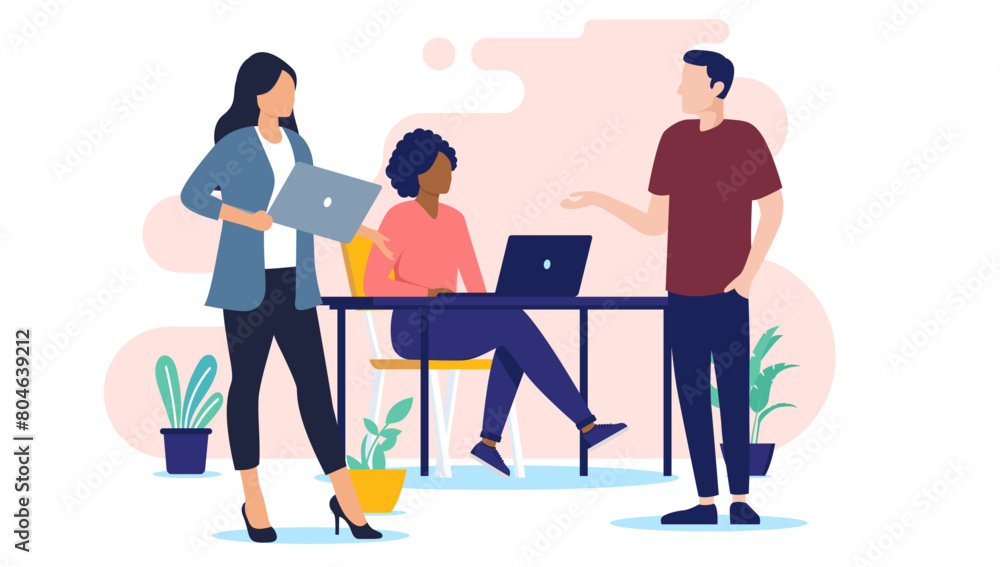 Office workers people - Team of three businesspeople in casual clothes in workplace talking and discussing business project. Flat design vector illustration with white background Office workers people - Team of three businesspeople in casual clothes in workplace talking and discussing business project. Flat design vector illustration with white background