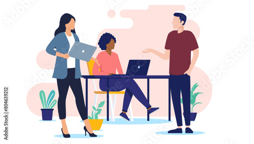 Office workers people - Team of three businesspeople in casual clothes in workplace talking and discussing business project. Flat design vector illustration with white background