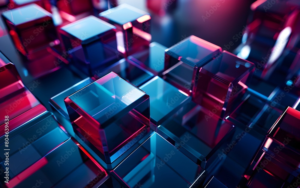 Abstract background with glass cubes and curved lines on a dark blue ...