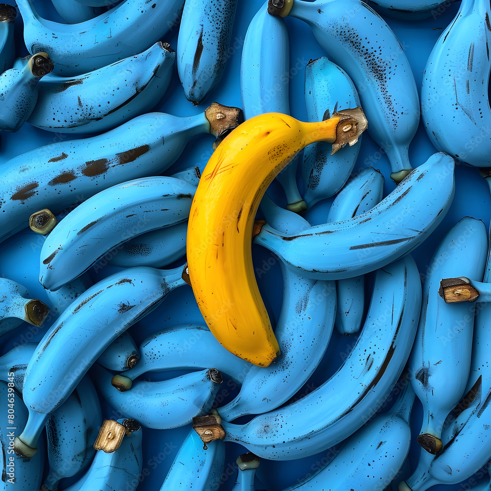 Banana stands out among blue bananas Banana stands out among blue bananas