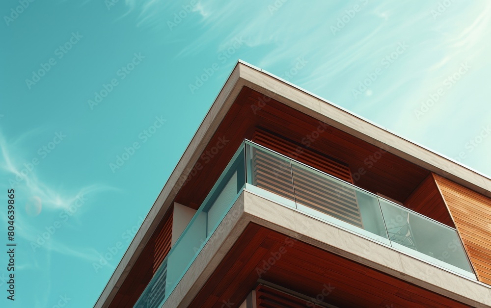 modern apartment building exterior against a light blue sky background ...