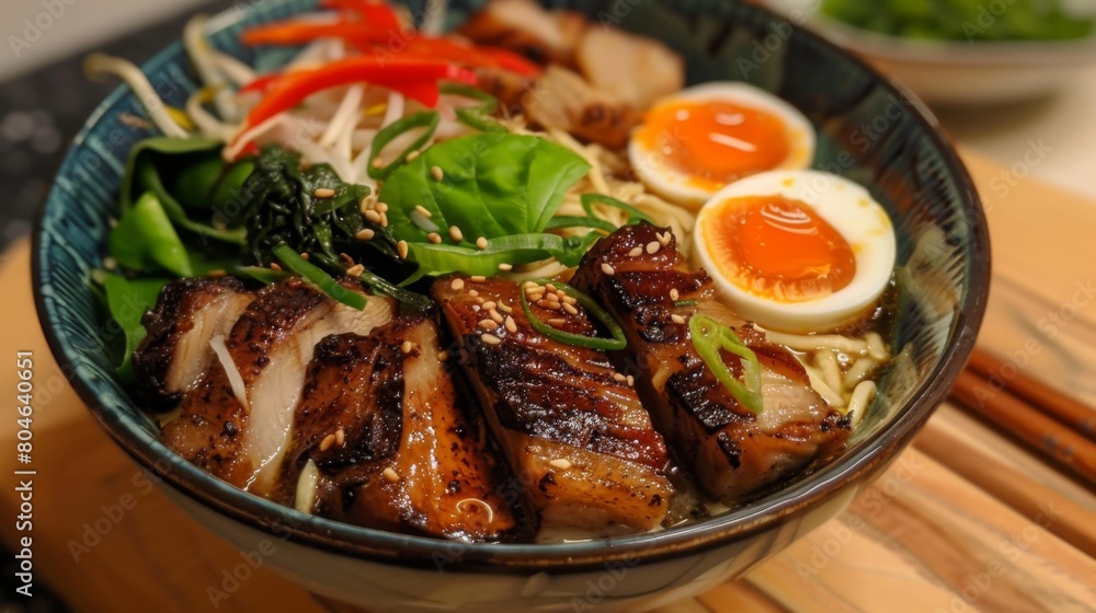 Homemade triple-layer pork belly ramen, a comforting bowl of gastronomic bliss. Homemade triple-layer pork belly ramen, a comforting bowl of gastronomic bliss.