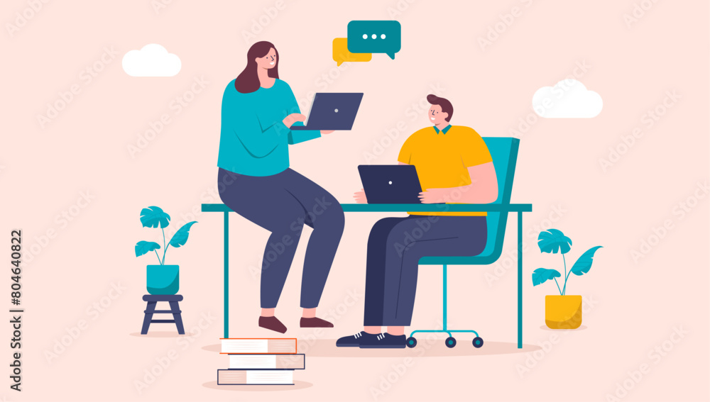 Two people working on computers in office - Man and woman vector characters sitting at desk doing work with laptops having conversation and talking together in flat design