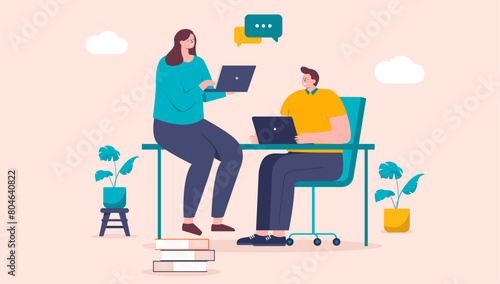 Two people working on computers in office - Man and woman vector characters sitting at desk doing work with laptops having conversation and talking together in flat design