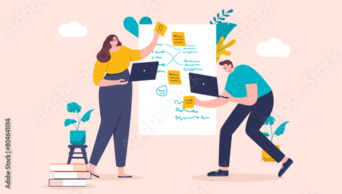 Workshop work - Two businesspeople in office at work using sticky notes and white board in creative work process making plans, ideas and brainstorming together in flat design vector illustration