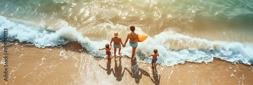 Family enjoying water sports with surfboard on beach. Generative AI