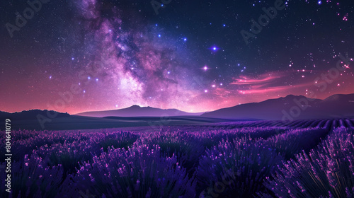 Sunrise over mountains and lavender fields.