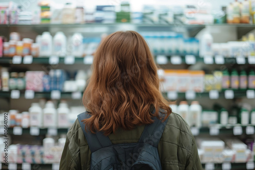Customer with backpack browsing shelves in pharmacy. Generative AI