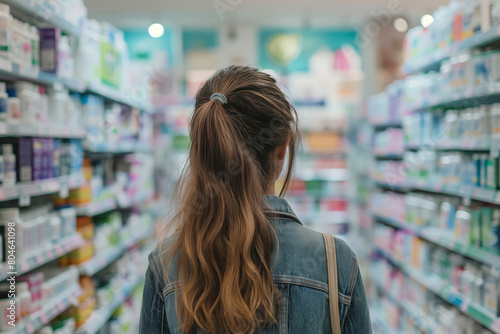 Customer browsing shelves in pharmacy for health products. Generative AI