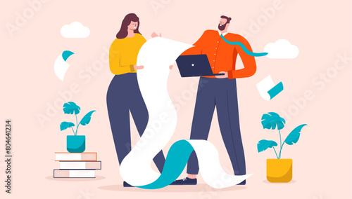 Reading work document - Woman and man at work looking at very long contract or memo in cartoon style flat design vector illustration