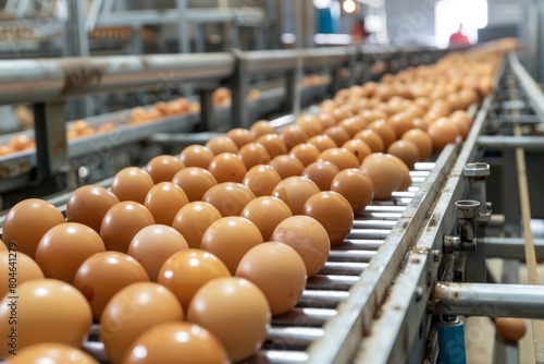 Beige chicken eggs moving on a conveyor in an efficient egg collection system on a poultry farm