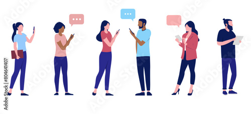Vector people using phones and devices - Set of casual diverse characters men and women looking at smartphones in flat design vector illustration with white background