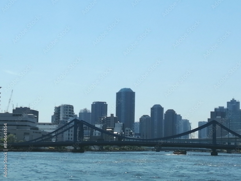 Fototapeta premium 隅田川沿いに見る清洲橋と摩天楼風景と空