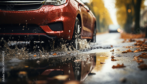close-up photography of car in a stream over the city on a rainy day photo