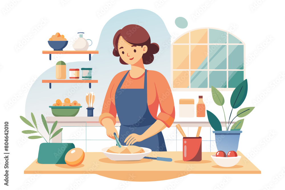 Attractive middle-aged woman cooking in the morning at home kneading dough engaged in dessert preparation standing at dining table with raw natural fresh products Housewife chores culinary recipe Attractive middle-aged woman cooking in the morning at home kneading dough engaged in dessert preparation standing at dining table with raw natural fresh products Housewife chores culinary recipe
