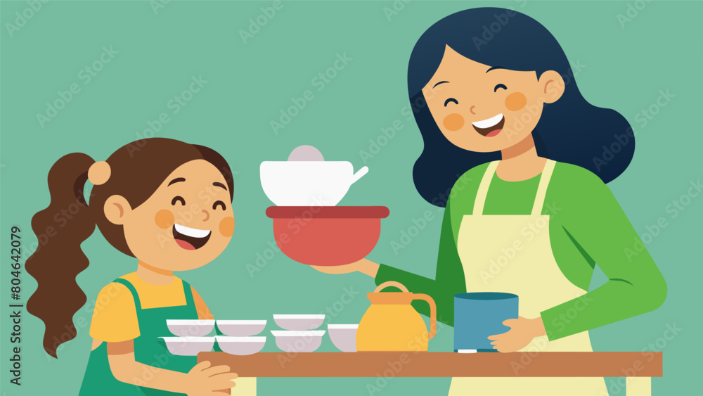 A mother and daughter laughing as they bargain for a set of dishes at a church yard sale.. Vector illustration A mother and daughter laughing as they bargain for a set of dishes at a church yard sale.. Vector illustration