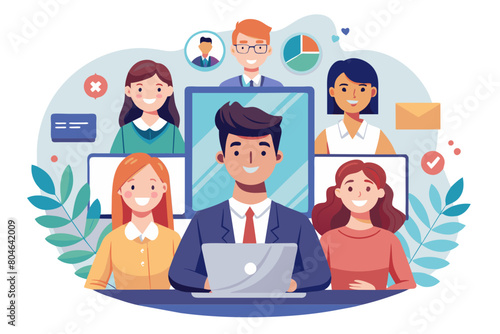 Group of young confident businesspeople listen team leader make speech take part in videocall training or negotiations head shot portrait collage view Global communication use videoconference app