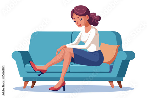 Female came home sit on sofa took off shoes touch ankle doing self-massage of tired feet suffers from varicose painful feelings discomfort after long workday on heels need rest orthopedic insoles