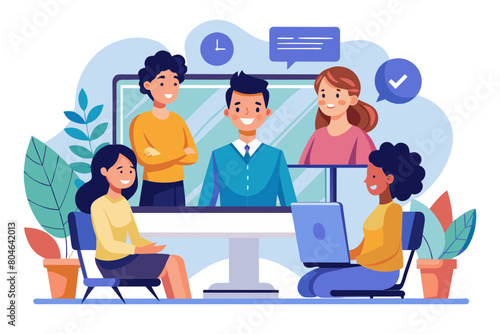 Four applicants on monitor screen HR managers listen candidates at remote job interview virtual meeting Video call application usage for negotiations and business communication Telemeeting event