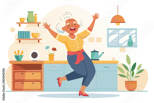 Cheerful senior woman enjoy carefree life dancing in kitchen welcoming new day celebrate moving into own apartment feel happy spend free time at home alone listen favorite music Active pastime modern 