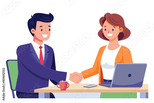 Happy mature businesswoman shaking hands with younger business partner man at meeting sitting at large co-working table smiling laughing giving handshake thanking colleague for help support modern