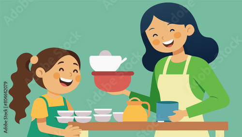 A mother and daughter laughing as they bargain for a set of dishes at a church yard sale.. Vector illustration