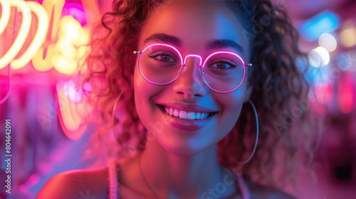 Young gil wearing eyeglasses in neon lights photo