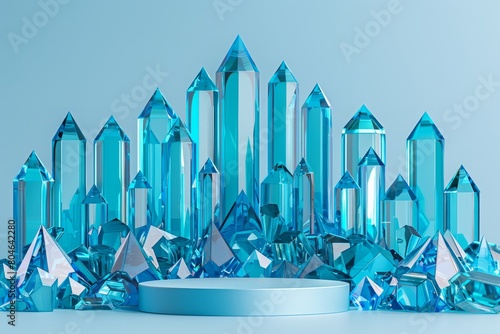 Empty round podium display on blue crystal background for product presentation and showcasing items