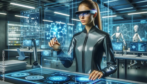 A futuristic high-tech lab featuring a woman AI researcher, wearing augmented reality glasses photo