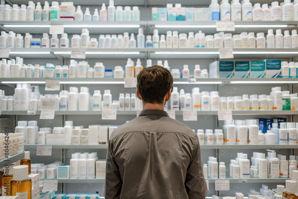 Fototapeta premium Customer browsing products on pharmacy shelves in city retail building. Generative AI
