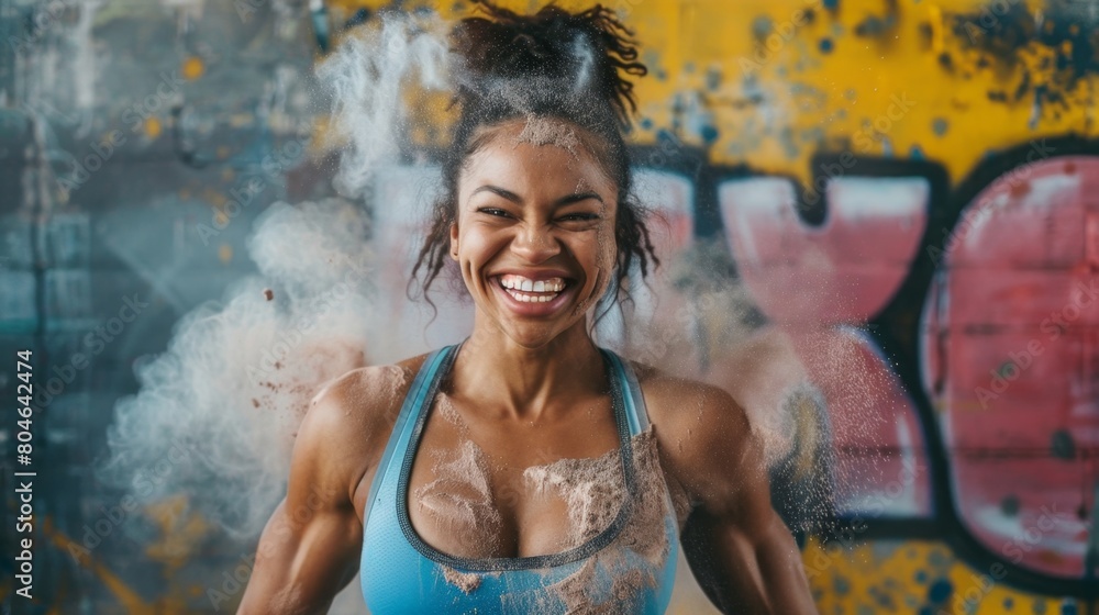 Naklejka premium Joyful fitness woman celebrating with chalk dust