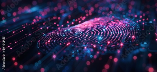 Purple and blue fingerprint made of glowing particles on a dark background.