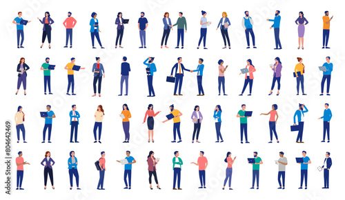 Office businesspeople collection - Large group of diverse business people in various poses working with computers and devices. Flat design vector illustration set with white background photo